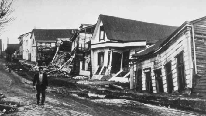 Historic photo of Valdivia city after 1960 earthquake devastation