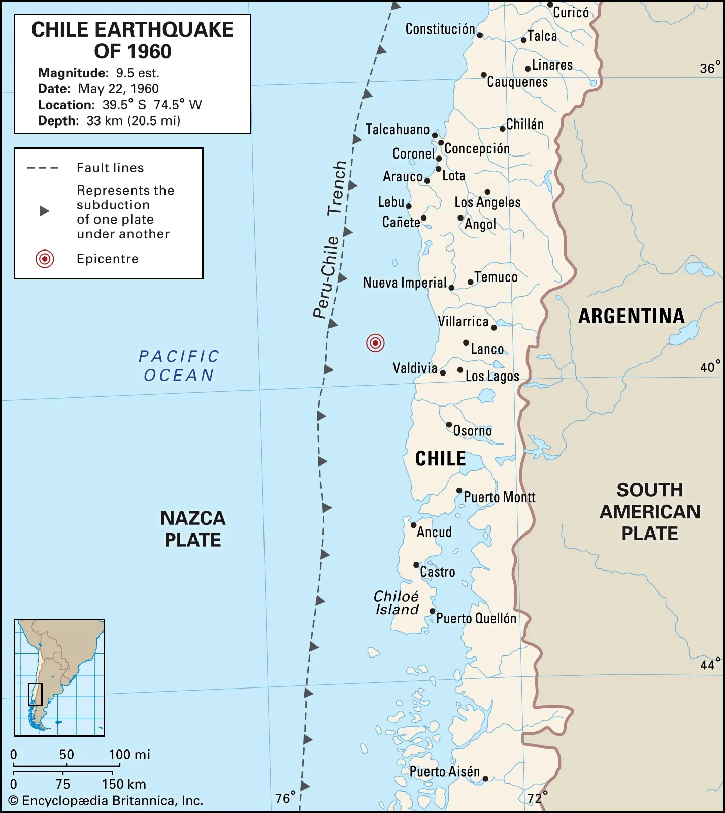 Map showing rupture zone of the 1960 Valdivia earthquake off Chile